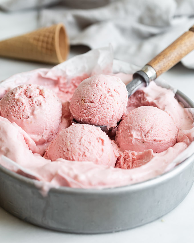 close up of roasted strawberry shortcake ice cream